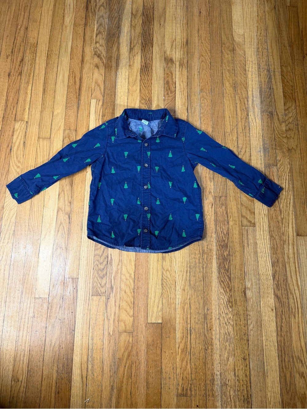 Old Navy StretchTech Christmas Tree Button-Down Shirt Blue & Green 4T